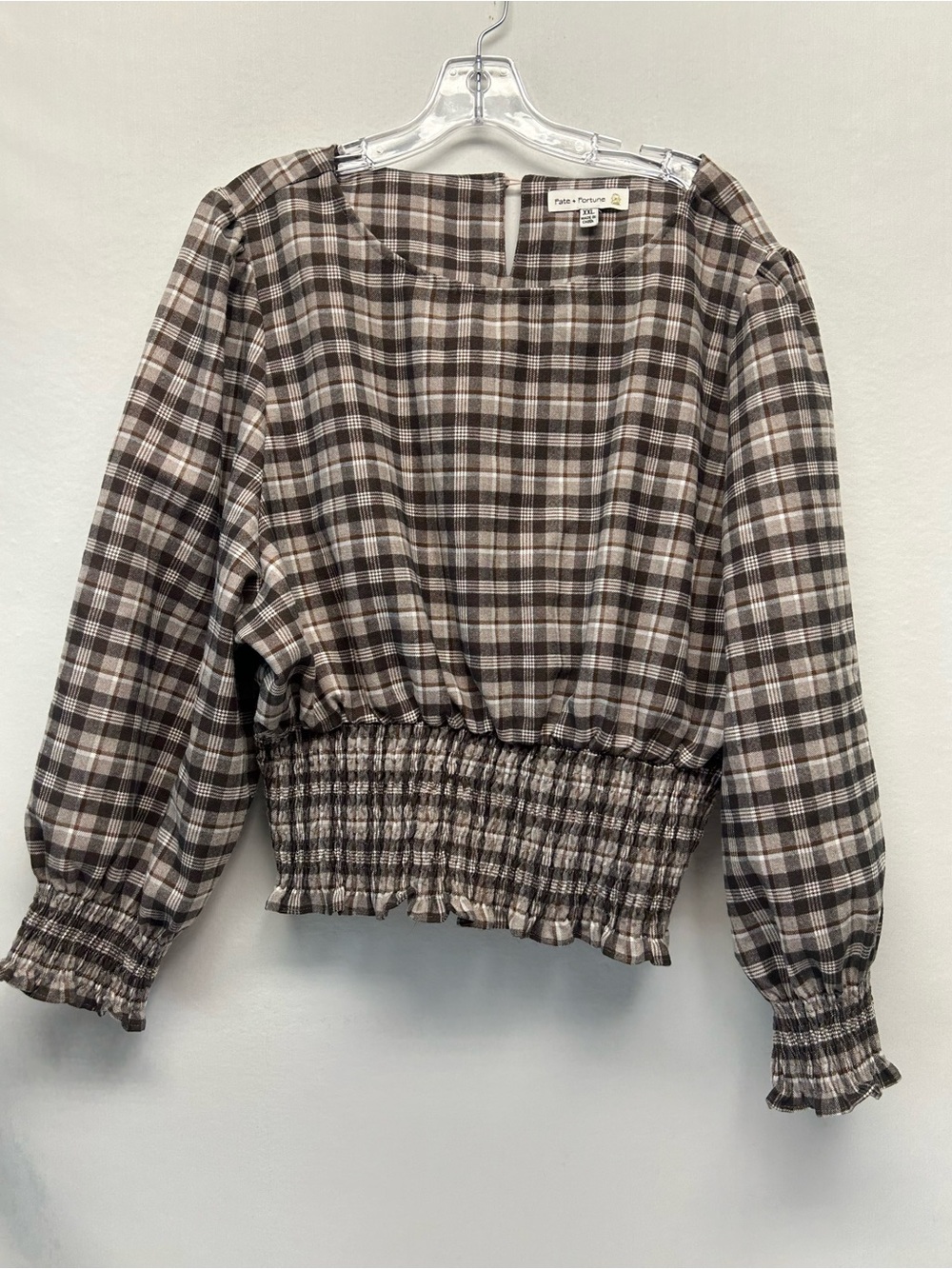 Fate + Fortune  Brown Plaid Smocked Waist Long Sleeve Top XXL